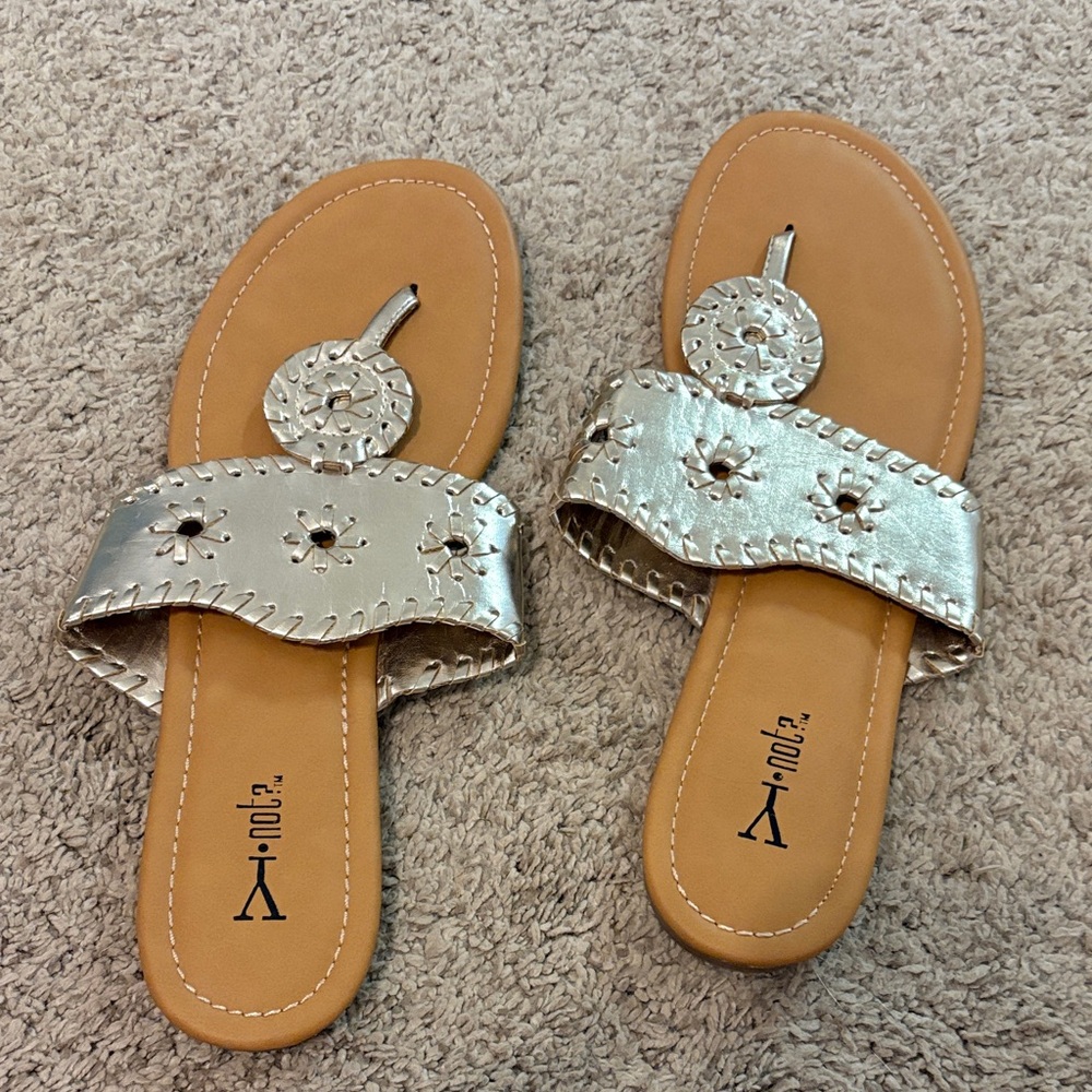 Not Rated Silver Metallic Leatherette Toe-Loop Sandals with Tan Footbed